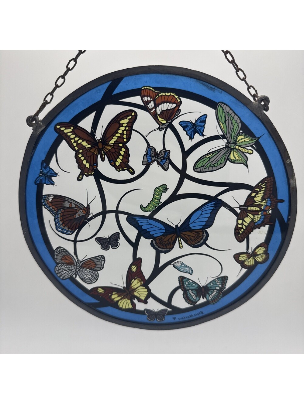 Vintage Glassmasters Suncatcher Faux Stained Glass Butterflies Catterpillar 8.5"